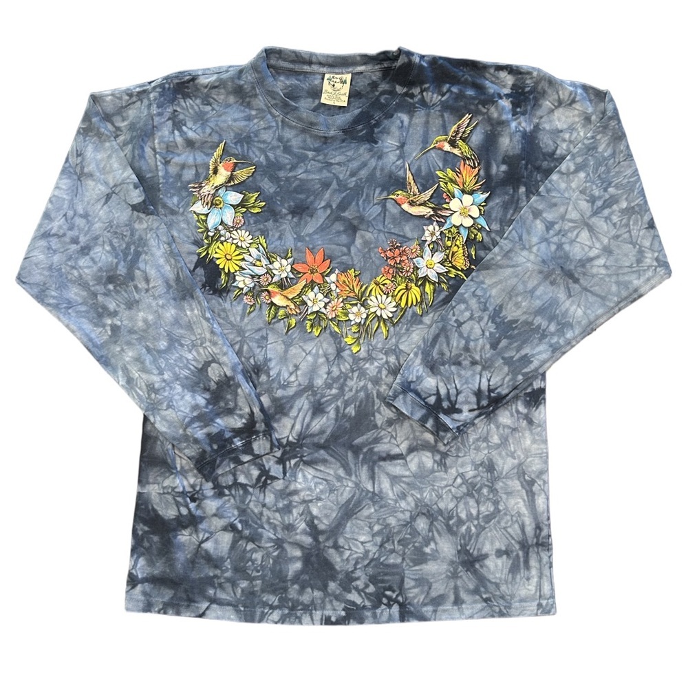 VTG 90s Back to earth nature core tie dye granola girl hippy hummingbird top L